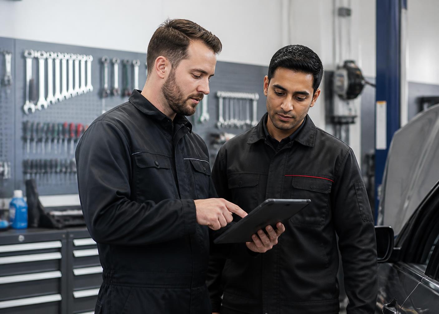 Técnicos da DriveTech analisando o diagnóstico de um veículo em tablet